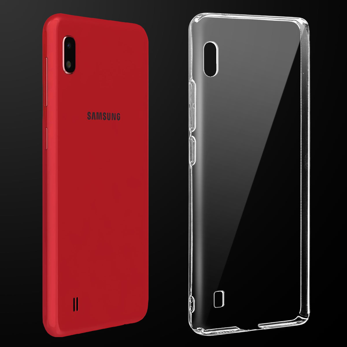 Transparent anti-yellow hard back case fitted on Samsung A10 showing full back coverage and camera protection