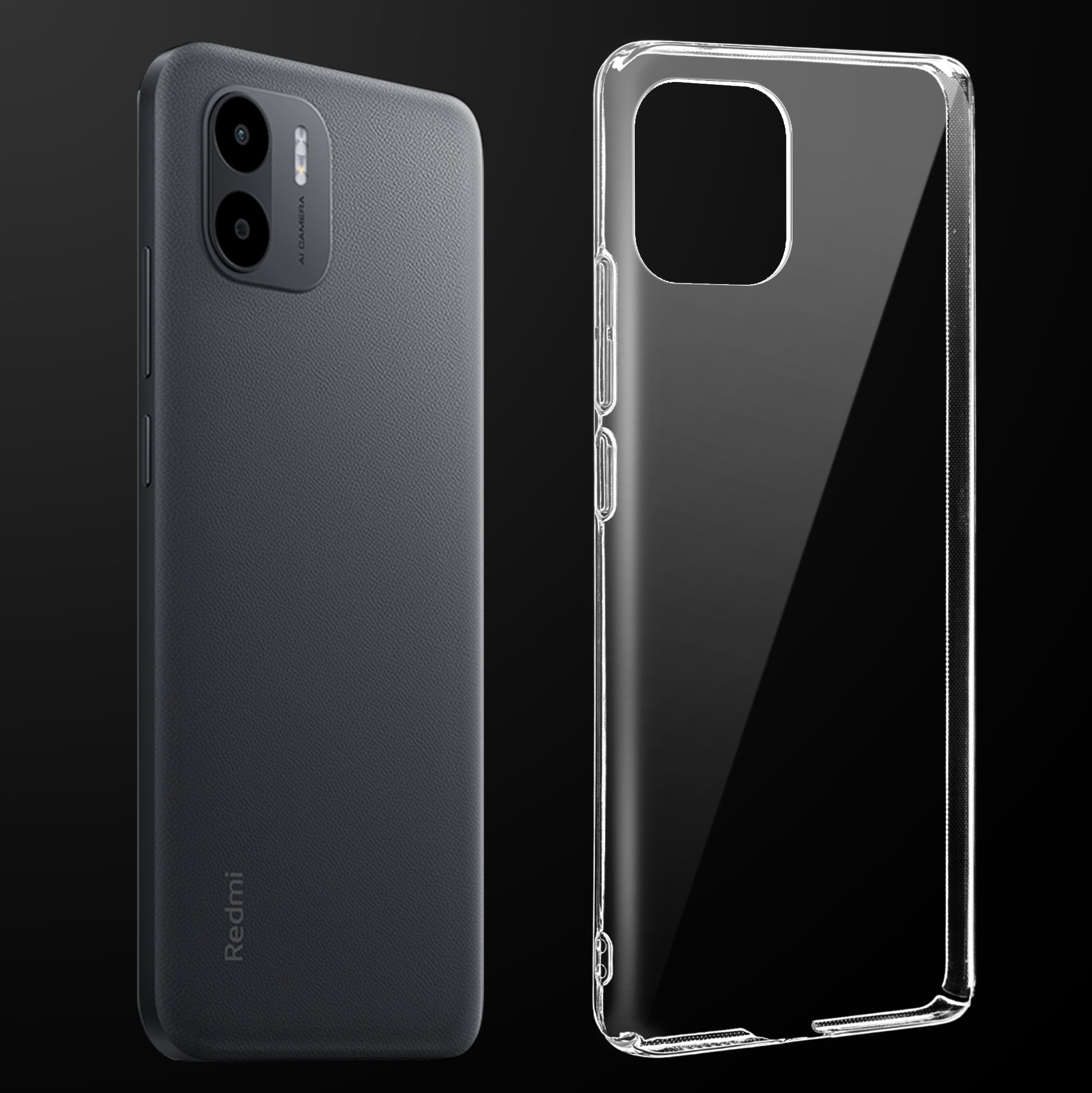 Transparent anti-yellow hard back case fitted on Redmi A1 2022 showing full back coverage and camera protection