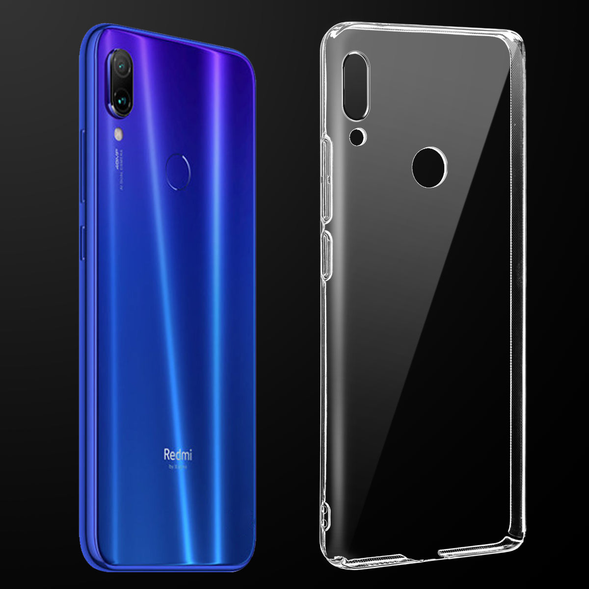 Transparent anti-yellow hard back case fitted on Redmi Note 7 Pro showing full back coverage and camera protection