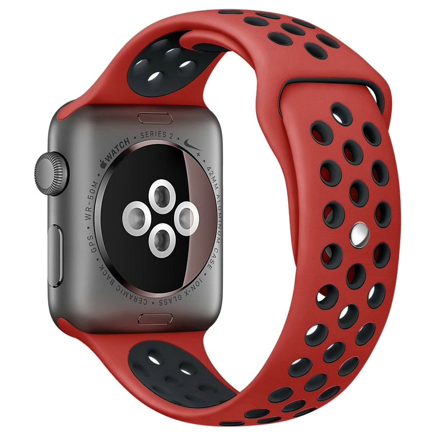 Silicone Apple Watch strap in Black and Grey, size 38mm, showing Strap closure and side angle view
