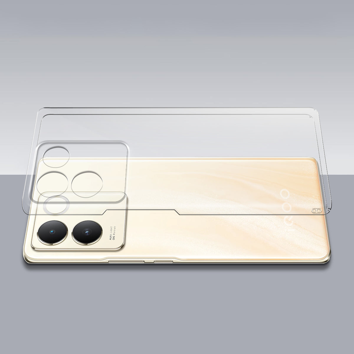 Transparent hard back case being installed on iQOO Z7 Pro 5G showing perfect alignment and camera protection fit