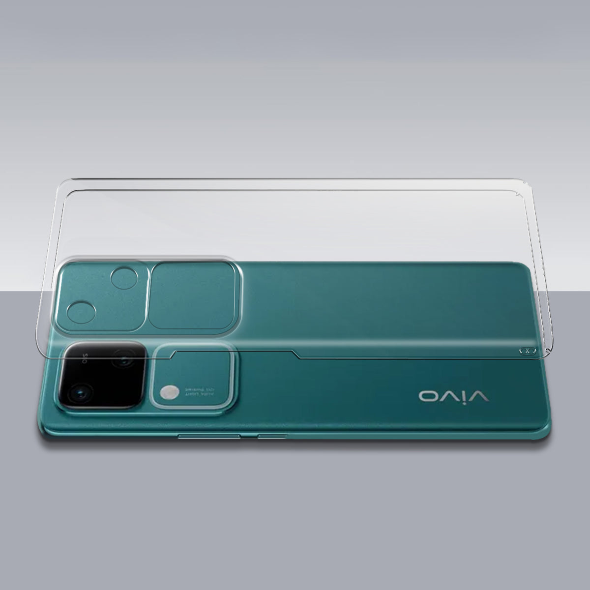 Transparent hard back case being installed on Vivo V30 5G showing perfect alignment and camera protection fit