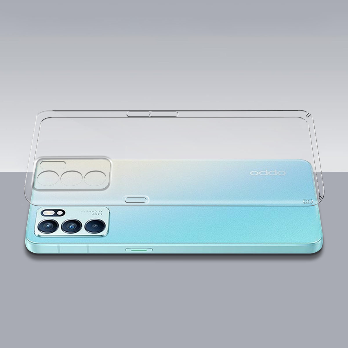 Transparent hard back case being installed on Oppo Reno 6 5G showing perfect alignment and camera protection fit