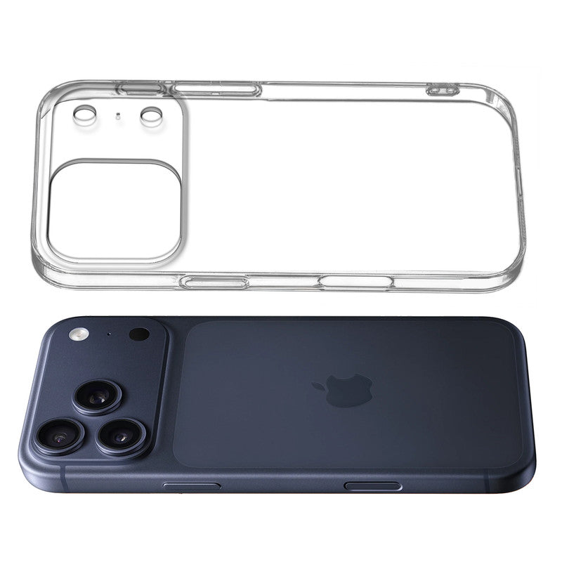 Transparent hard back case being installed on Apple iPhone 17 Pro showing perfect alignment and camera protection fit