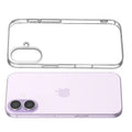Transparent hard back case being installed on Apple iPhone 17 showing perfect alignment and camera protection fit
