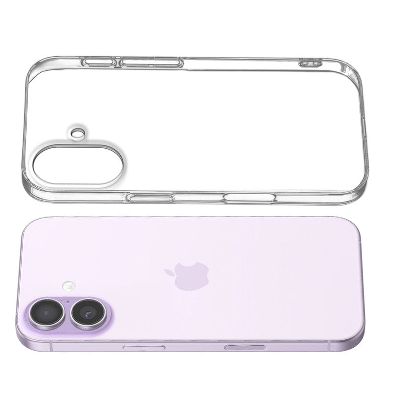Transparent hard back case being installed on Apple iPhone 17 showing perfect alignment and camera protection fit