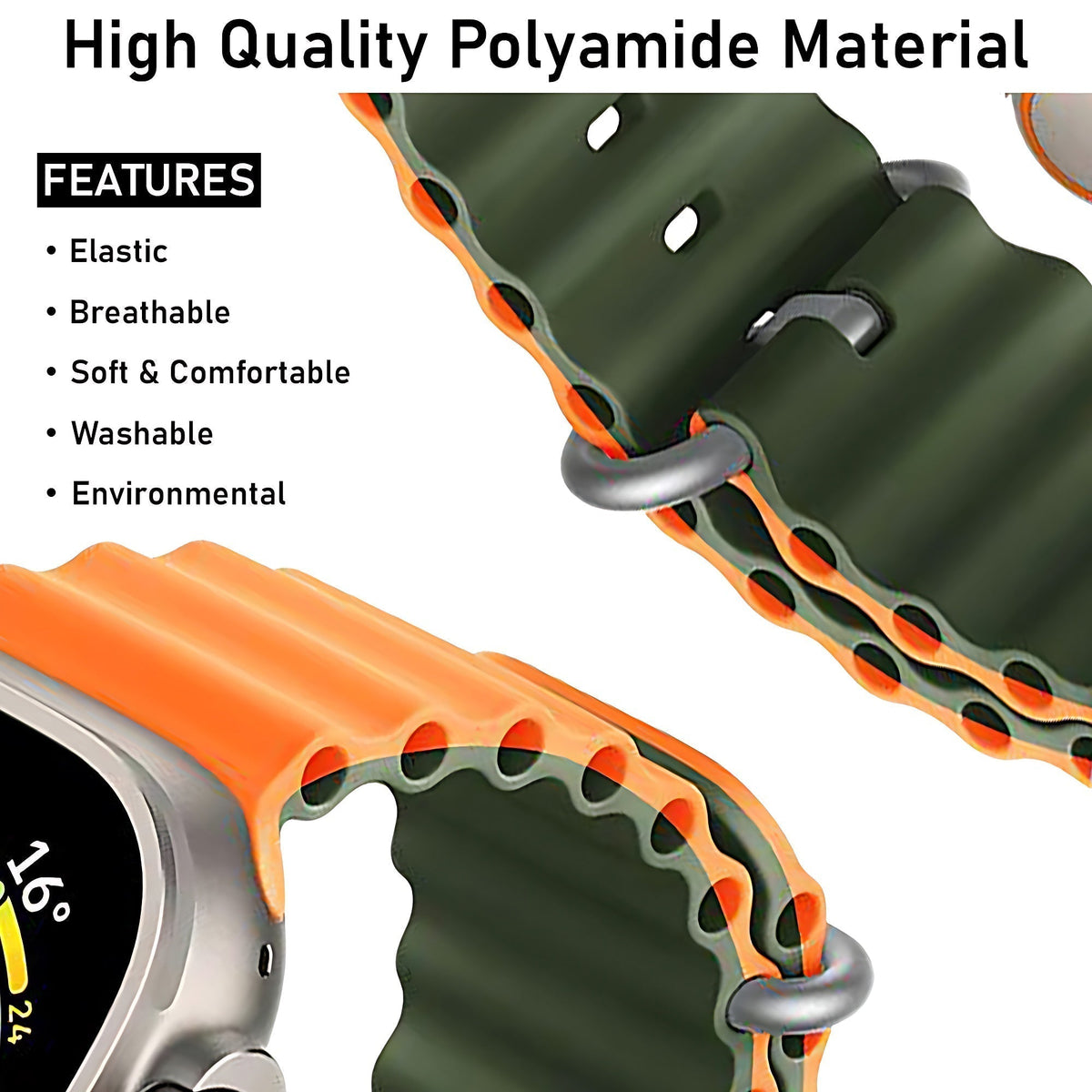 Silicone Ocean Loop Strap for - Apple Watch 45mm in Orange & Green