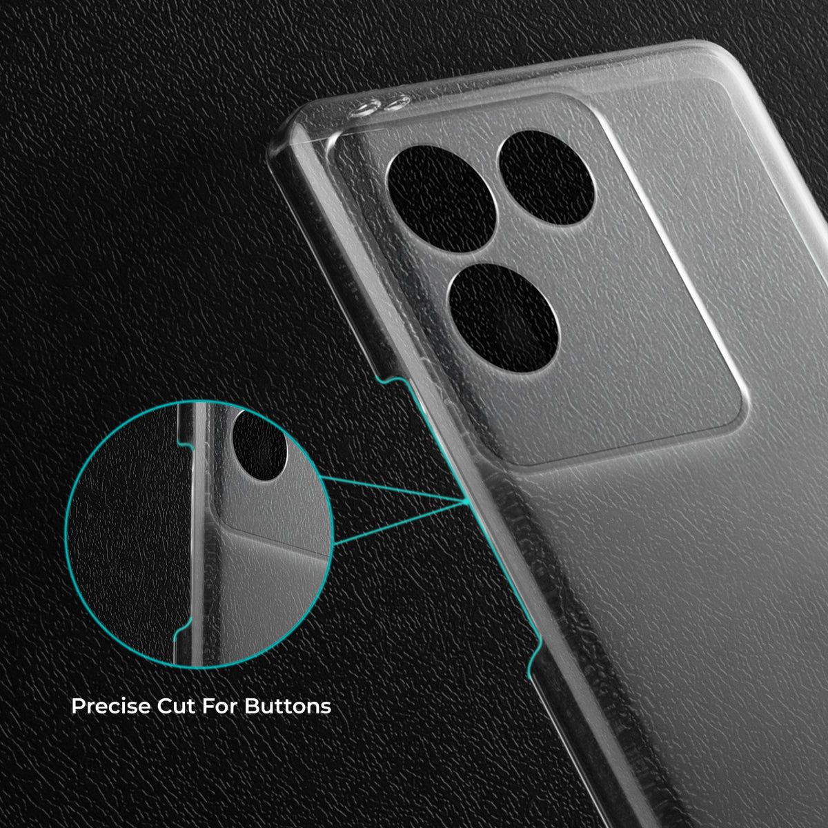Close-up view of transparent case showing precise button cutouts and responsive side button coverage for iQOO Z7 Pro 5G
