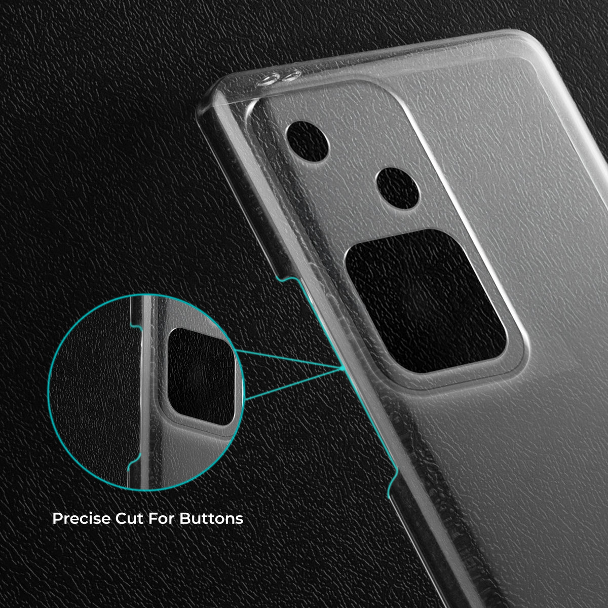 Close-up view of transparent case showing precise button cutouts and responsive side button coverage for Vivo V30 5G