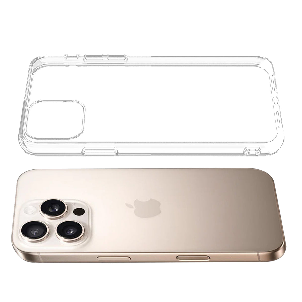 Transparent hard back case being installed on Apple iPhone 16 Pro Max showing perfect alignment and camera protection fit