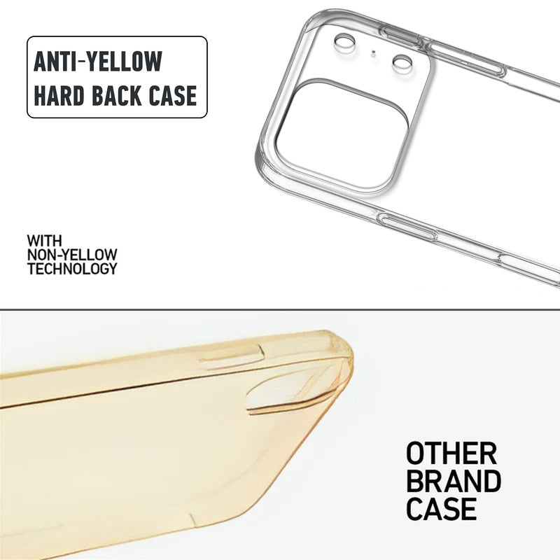 Anti-yellow hard back case comparison showing clear non-yellowing technology versus yellowed other brand case for Apple iPhone 17 Pro