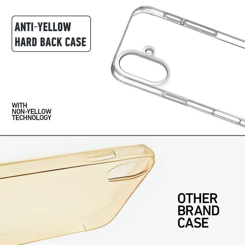 Anti-yellow hard back case comparison showing clear non-yellowing technology versus yellowed other brand case for Apple iPhone 17