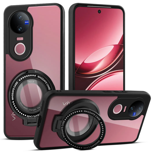 Transparent Back Cover with Silicone frame Matte Ring Holder Kickstand Case For Vivo V50 5G