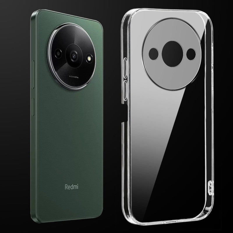 Transparent anti-yellow hard back case fitted on Redmi A3x showing full back coverage and camera protection