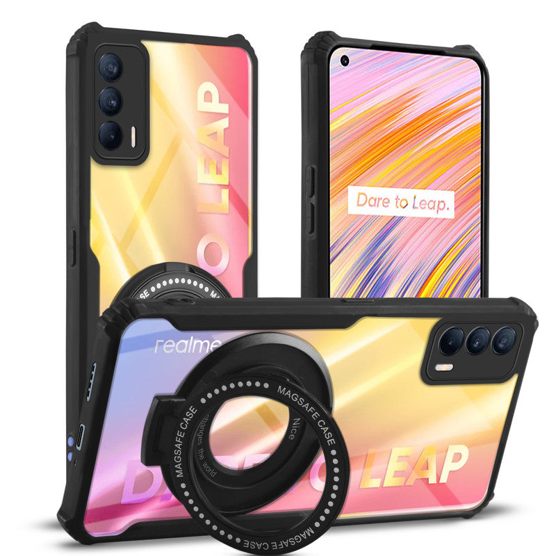 Premium Acrylic Transparent Case with Matte Ring Holder Kickstand Back Cover for Realme V15 5G