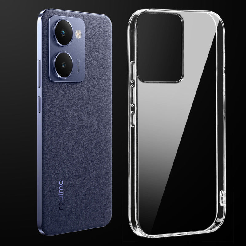 Transparent anti-yellow hard back case fitted on Realme P3 Ultra 5G showing full back coverage and camera protection