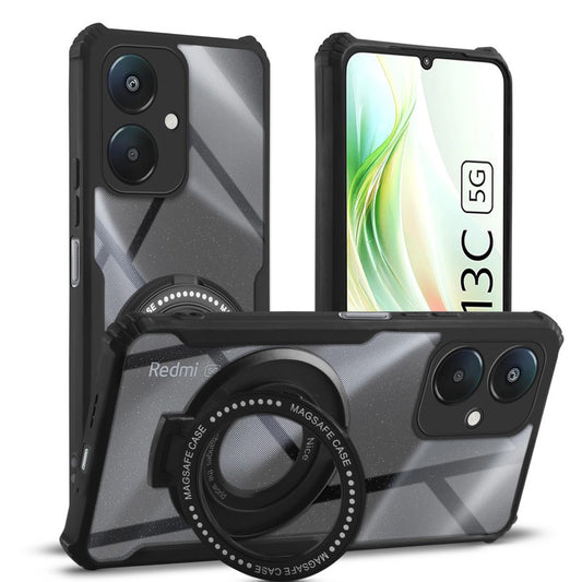 Premium Acrylic Transparent Case with Matte Ring Holder Kickstand Back Cover for Redmi 13C 5G