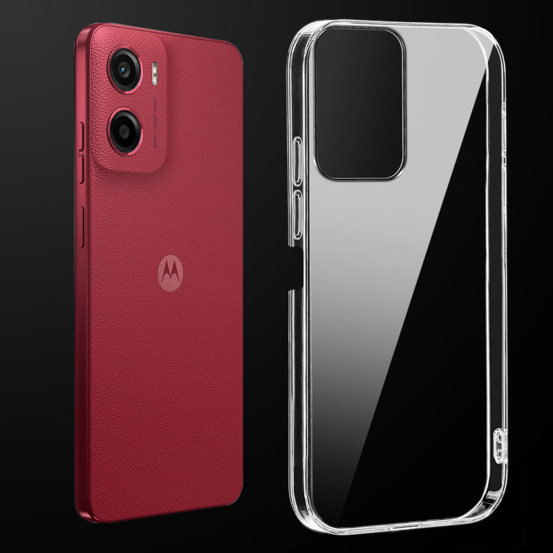 Transparent anti-yellow hard back case fitted on Motorola Moto G05 showing full back coverage and camera protection