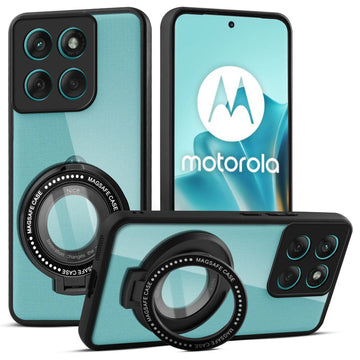 Transparent Back Cover with Silicone frame Matte Ring Holder Kickstand Case For Motorola Edge 60 5G