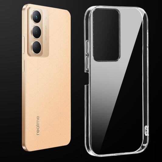 Transparent anti-yellow hard back case fitted on Realme P3x 5G showing full back coverage and camera protection