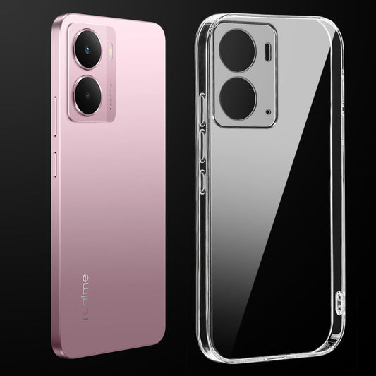 Transparent anti-yellow hard back case fitted on Realme P3 5G showing full back coverage and camera protection