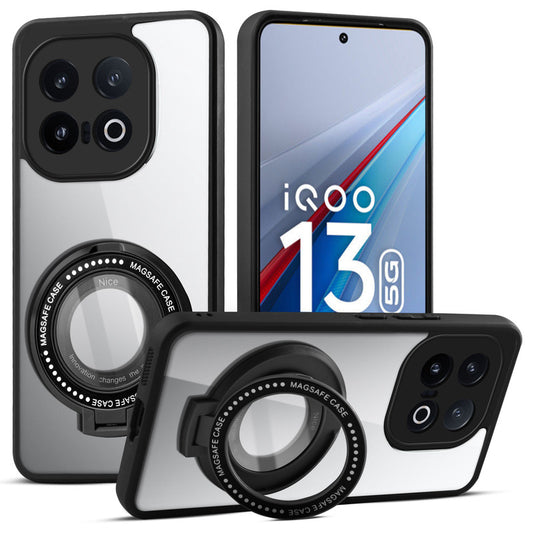 Transparent Back Cover with Silicone frame Matte Ring Holder Kickstand Case For iQOO 13 5G
