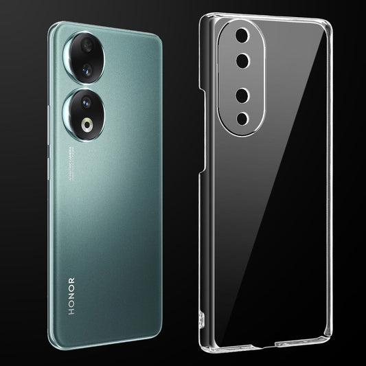 Transparent anti-yellow hard back case fitted on Honor 90 5G showing full back coverage and camera protection