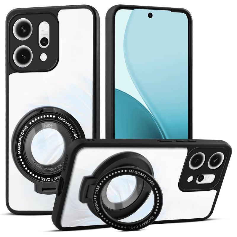 Transparent Back Cover with Silicone frame Matte Ring Holder Kickstand Case For Oppo Reno 14 5G
