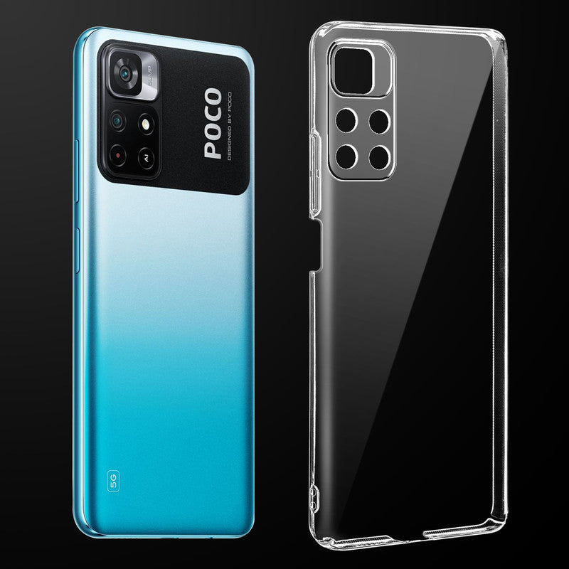 Transparent anti-yellow hard back case fitted on Poco M4 Pro 5G showing full back coverage and camera protection