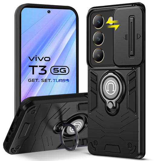Ultra Rugged Armor Case with Rotating Ring Holder & Shutter Camera Protection Back Case For Vivo T3 5G