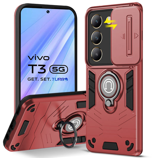 Ultra Rugged Armor Case with Rotating Ring Holder & Shutter Camera Protection Back Case For Vivo T3 5G