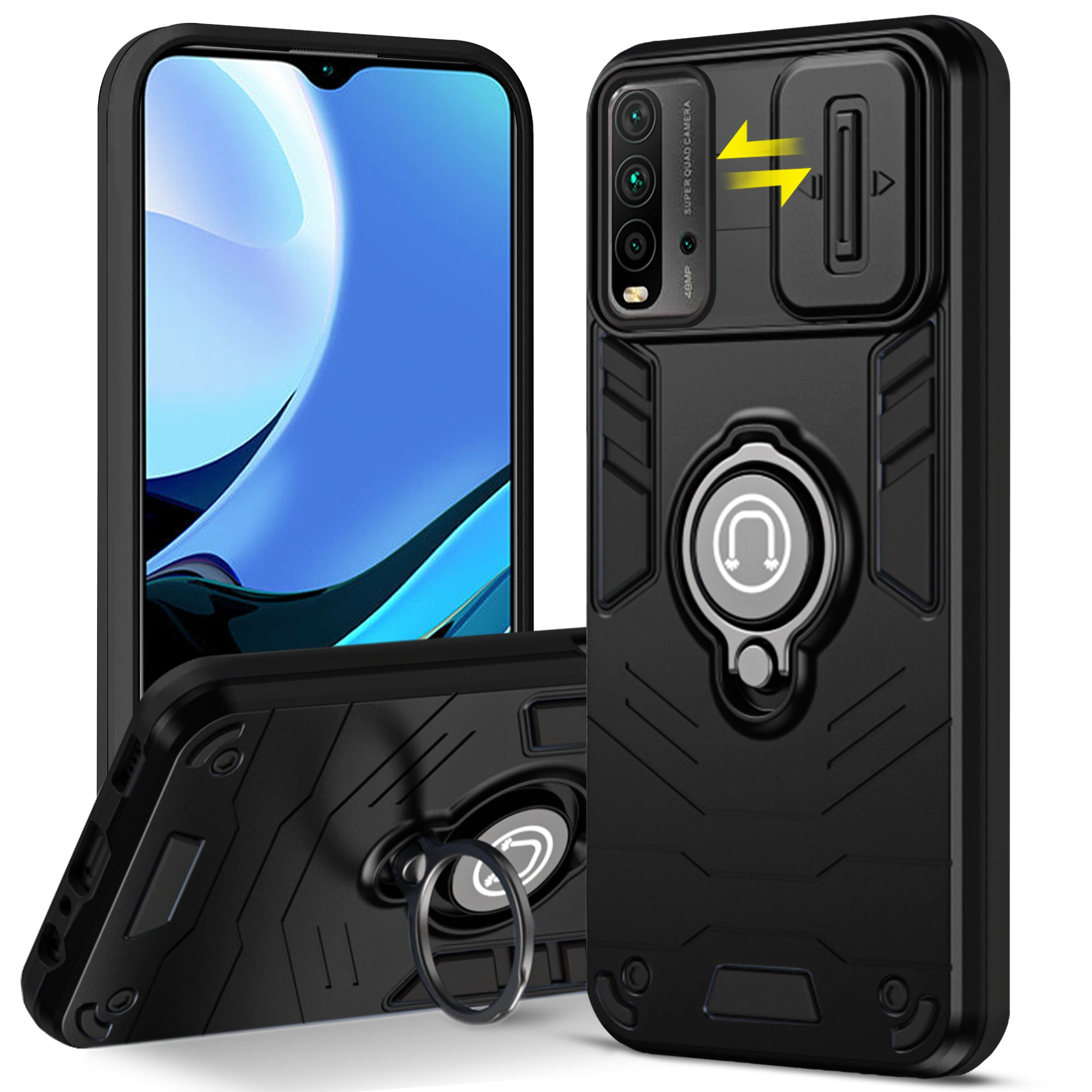 Ultra Rugged Armor Case with Rotating Ring Holder & Shutter Camera Protection Back Case For Redmi 9 Power