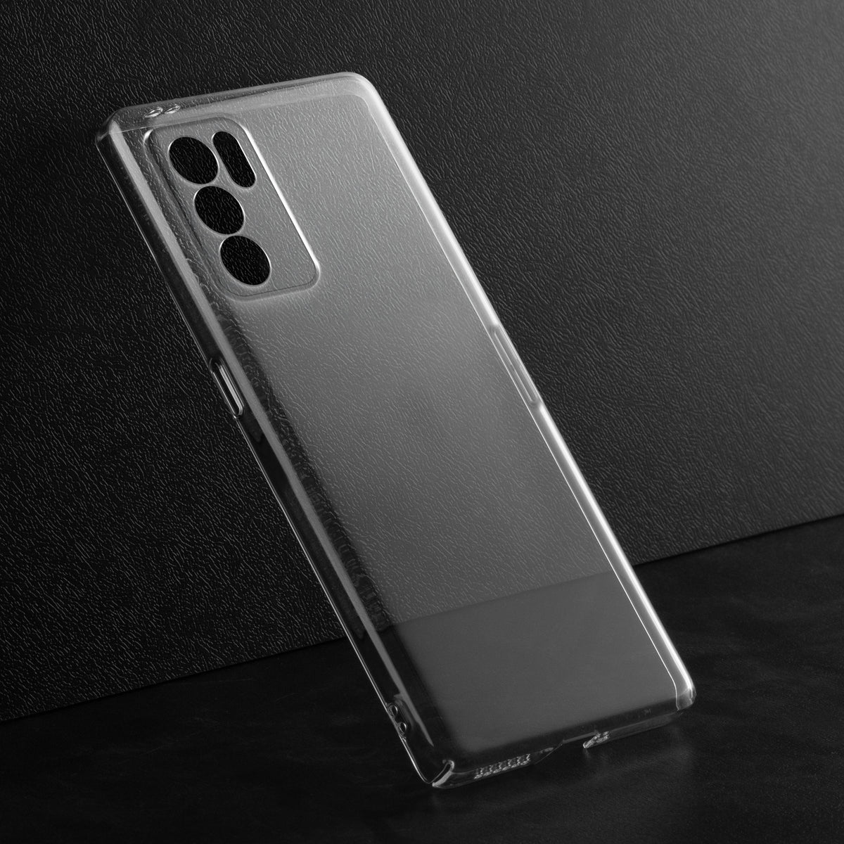 Close-up view of transparent case showing precise button cutouts and responsive side button coverage for Oppo Reno 6 5G