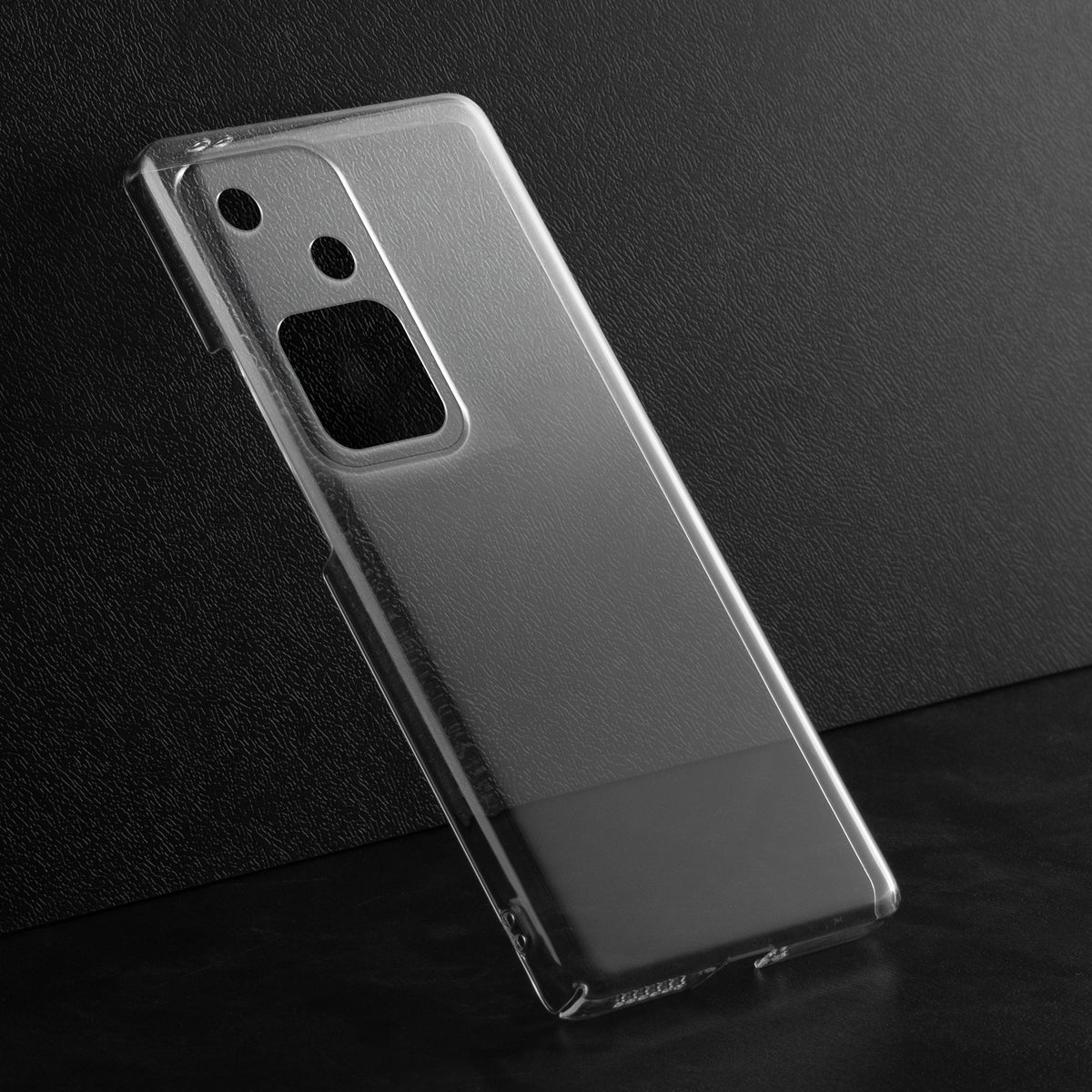 Crystal clear anti-yellow hard back case for Vivo V30 5G placed on surface showing slim profile and precise camera cutouts