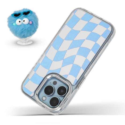 Mirror Checkered Pattern Back Cover with a Fur Pop Socket for Apple iPhone 14 Pro