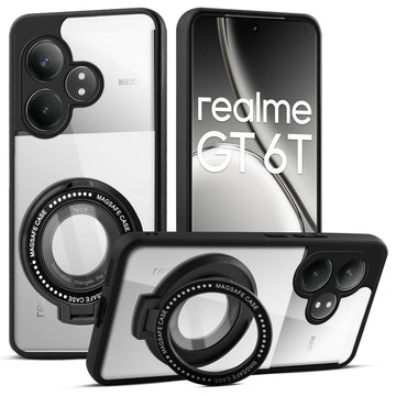 Transparent Back Cover with Silicone frame Matte Ring Holder Kickstand Case For Realme GT 6T 5G