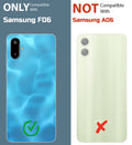 Clear hard back case compatibility guide showing fit for Samsung F06 5G and not compatible with other models
