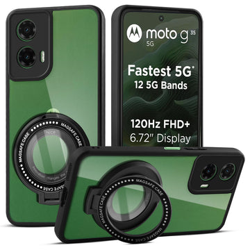 Transparent Back Cover with Silicone frame Matte Ring Holder Kickstand Case For Motorola Moto G35 5G
