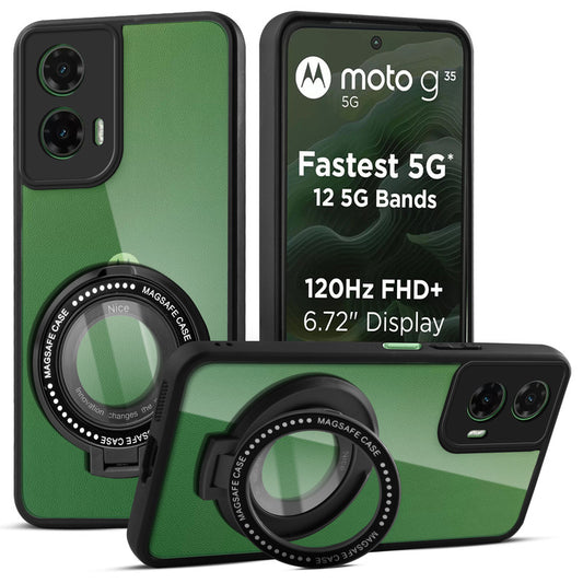 Transparent Back Cover with Silicone frame Matte Ring Holder Kickstand Case For Motorola Moto G35 5G