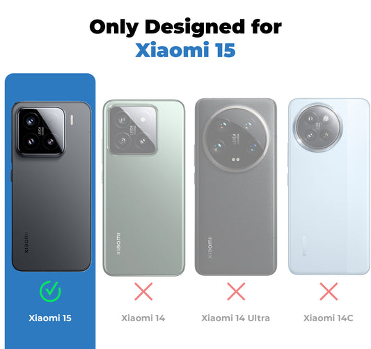 Clear hard back case compatibility guide showing fit for Xiaomi 15 5G and not compatible with other models