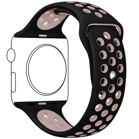 Silicone Apple Watch strap in Black and Pink, size 42mm, back angle view