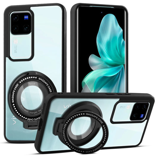 Transparent Back Cover with Silicone frame Matte Ring Holder Kickstand Case For Vivo V30 Pro 5G