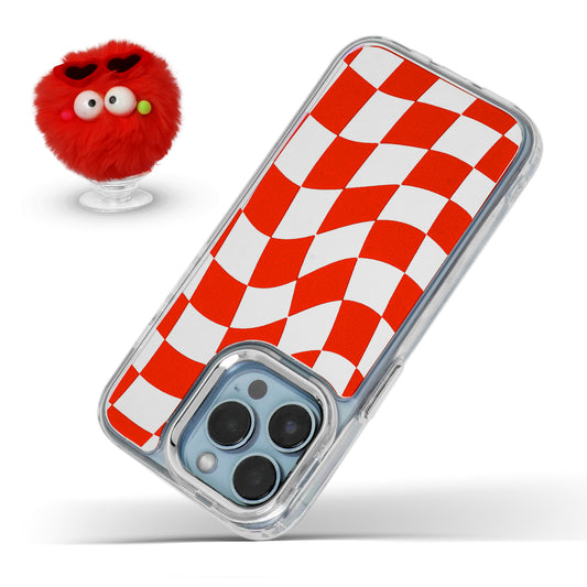Mirror Checkered Pattern Back Cover with a Fur Pop Socket for Apple iPhone 14 Pro