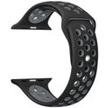 Silicone Apple Watch strap in Black and Grey, size 42mm, showing secure Strap closure and breathable dotted inner lining