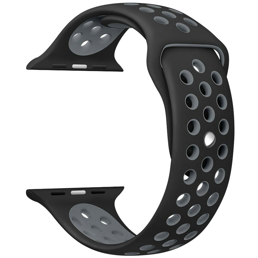 Silicone Apple Watch strap in Black and Grey, size 42mm, showing secure Strap closure and breathable dotted inner lining