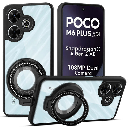 Transparent Back Cover with Silicone frame Matte Ring Holder Kickstand Case For Poco M6 Plus 5G