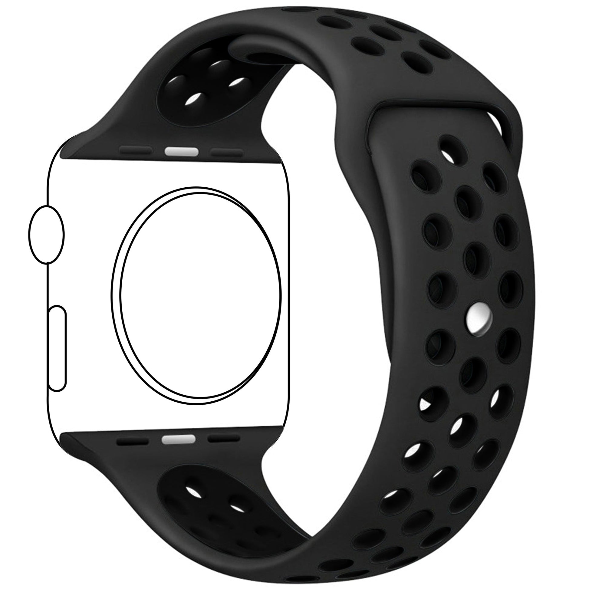 Silicone Apple Watch strap in Black and Blue, size 38mm, back angle view