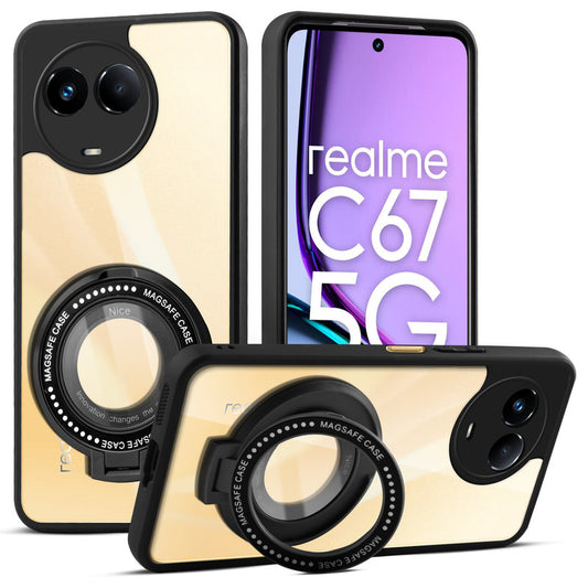 Transparent Back Cover with Silicone frame Matte Ring Holder Kickstand Case For Realme C67 5G