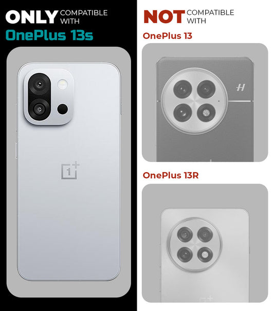 Clear hard back case compatibility guide showing fit for OnePlus 13S 5G and not compatible with other models