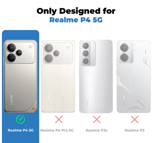 Clear hard back case compatibility guide showing fit for Realme P4 5G and not compatible with other models